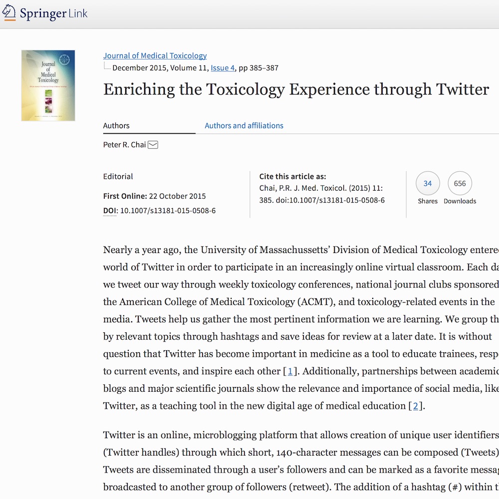 A healthcare social media research article published in Journal of Medical Toxicology, October 21, 2015