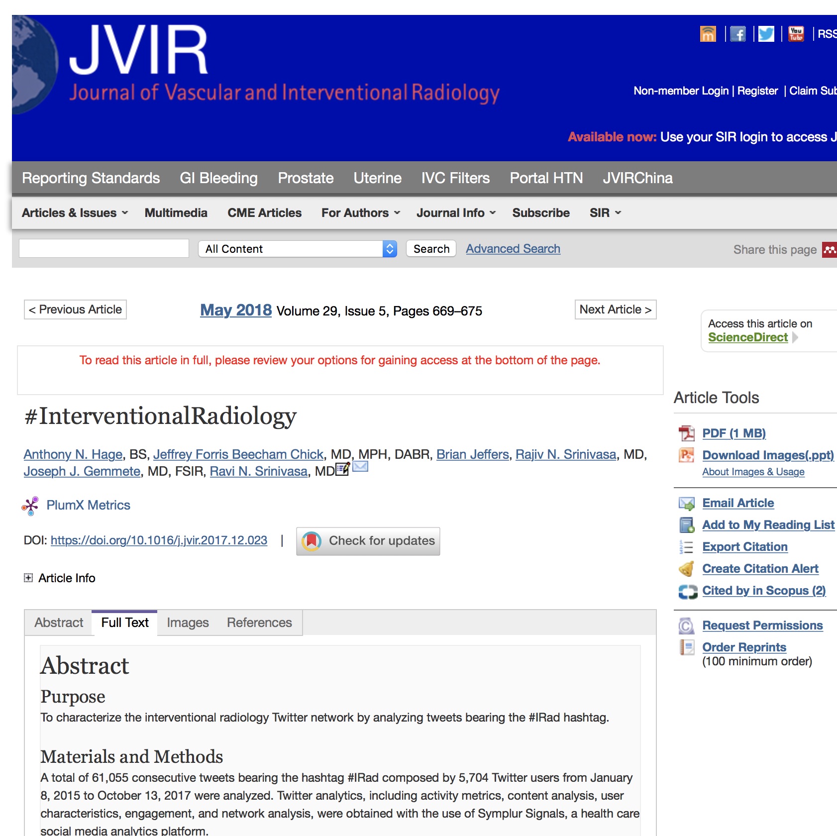 A healthcare social media research article published in Journal of Vascular and Interventional Radiology, April 30, 2018