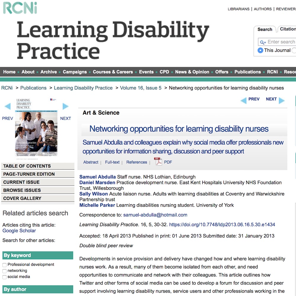 A healthcare social media research article published in Learning Disability Practice, 2013