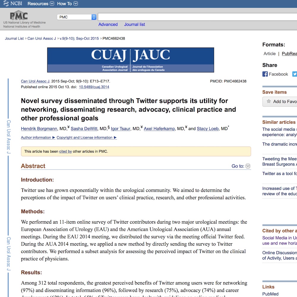 A healthcare social media research article published in Canadian Urological Association Journal, October 12, 2015