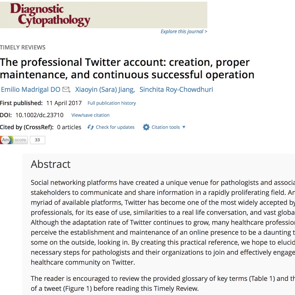 A healthcare social media research article published in Diagnostic Cytopathology, April 10, 2017