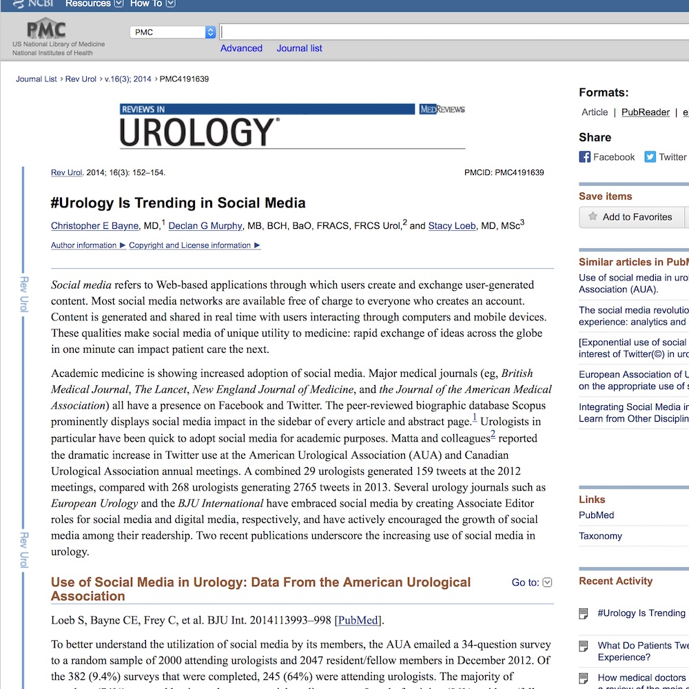 A healthcare social media research article published in Reviews in Urology, 2014