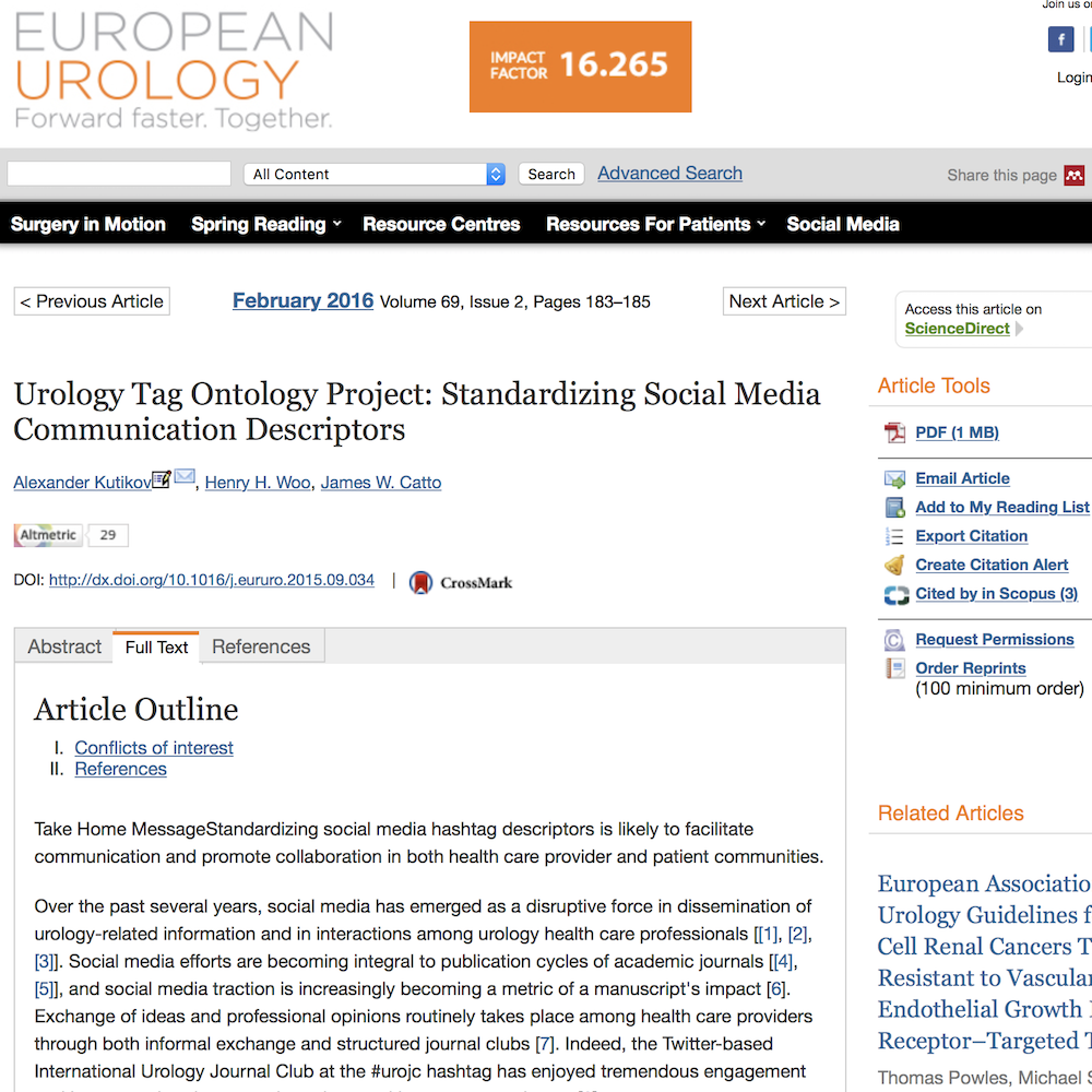 A healthcare social media research article published in European Urology, January 31, 2016