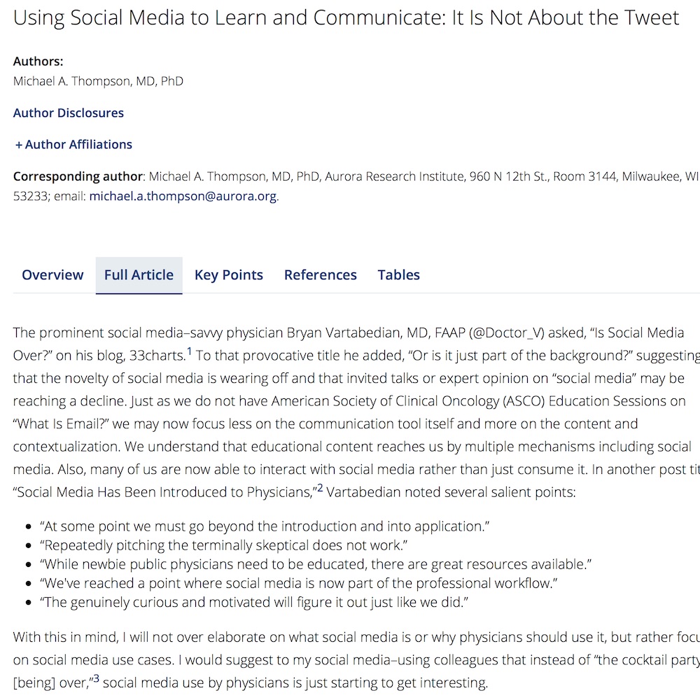 A healthcare social media research article published in ASCO Educational Book, May 1, 2015