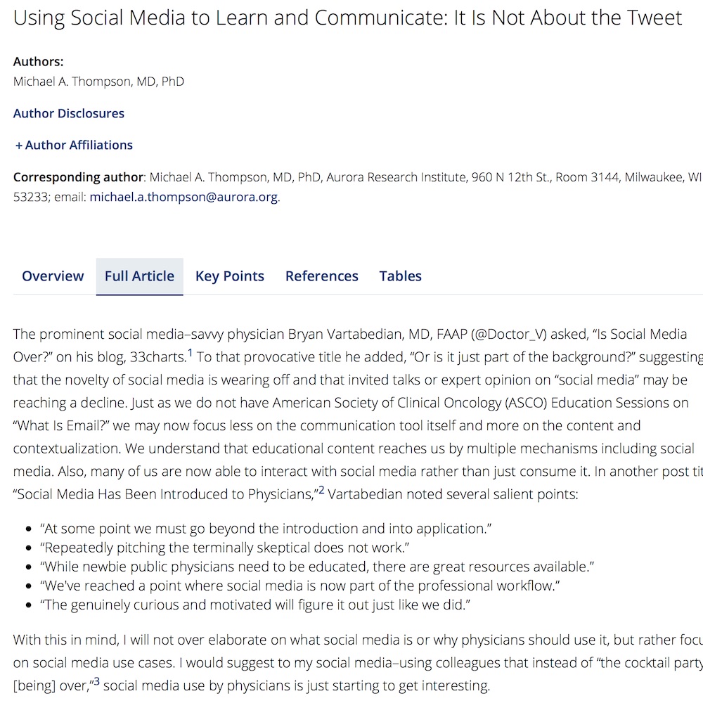 A healthcare social media research article published in ASCO Educational Book, April 30, 2015