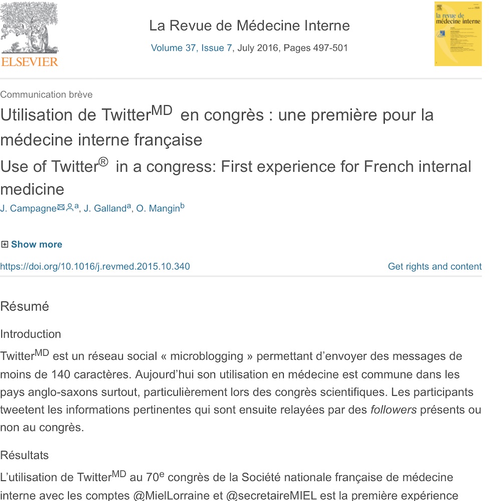 A healthcare social media research article published in Revue de Medecine Interne, June 30, 2016