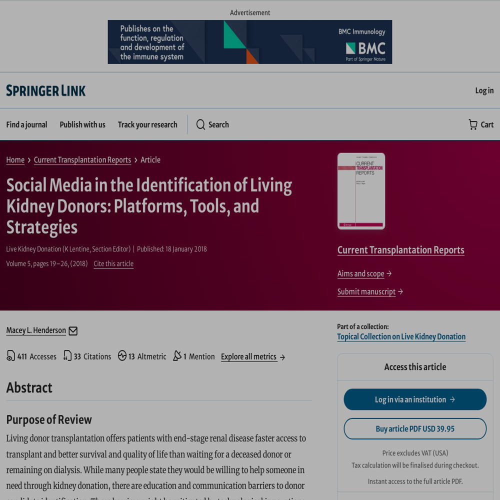A healthcare social media research article published in Current Transplantation Reports, January 18, 2018