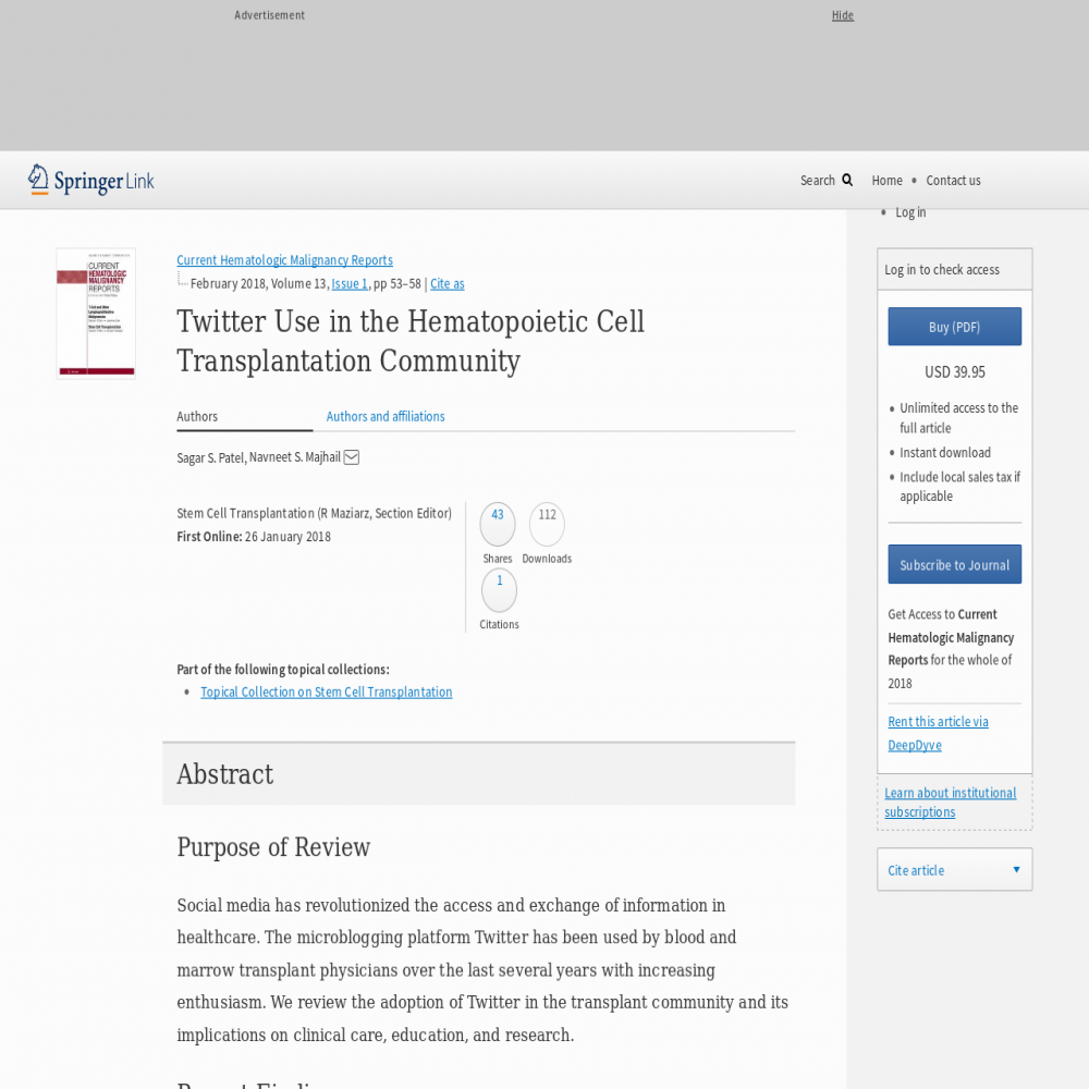 A healthcare social media research article published in Current Hematologic Malignancy Reports, January 25, 2018