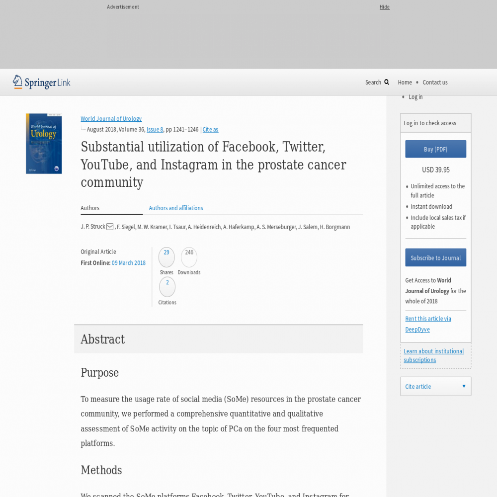 A healthcare social media research article published in World Journal of Urology, March 8, 2018