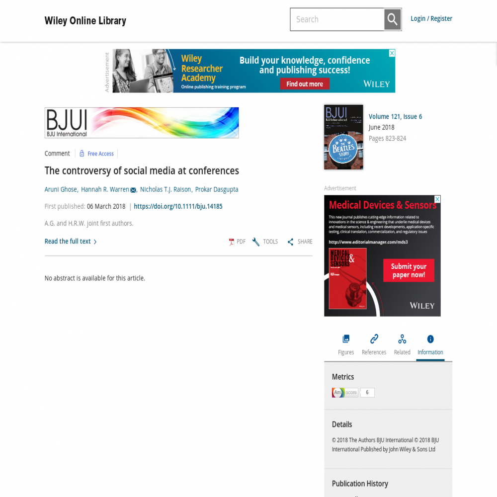 A healthcare social media research article published in British Journal of Urology, March 29, 2018