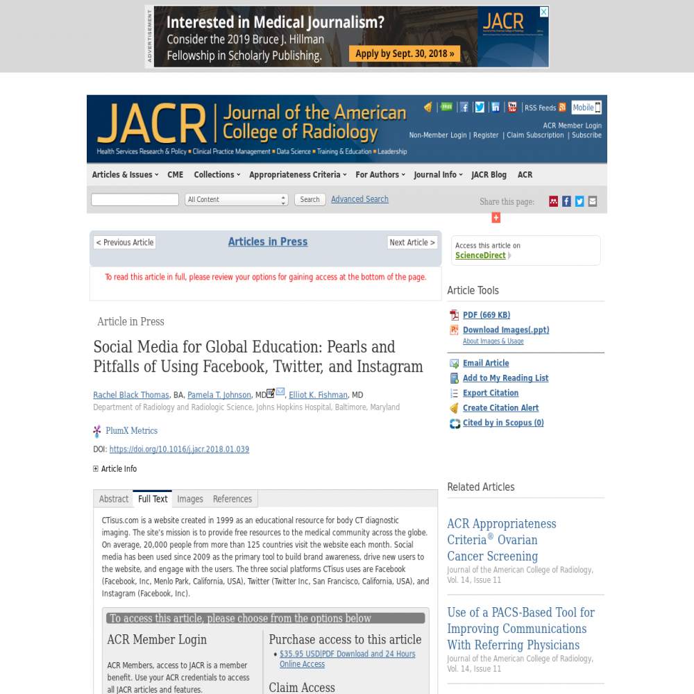 A healthcare social media research article published in Journal of the American College of Radiology, September 30, 2018