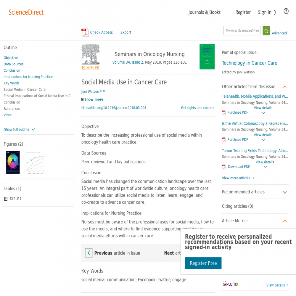 A healthcare social media research article published in Seminars in Oncology Nursing, April 30, 2018