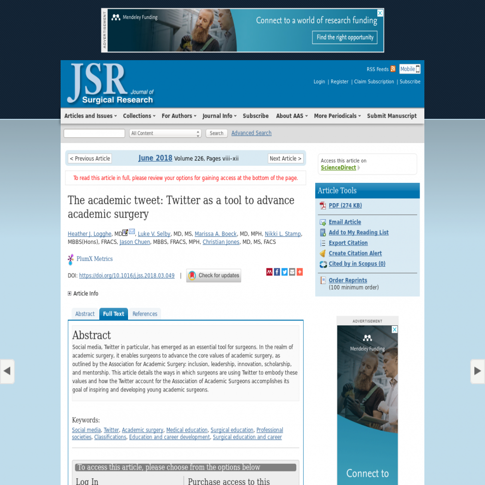 A healthcare social media research article published in Journal of Surgical Research, May 31, 2018