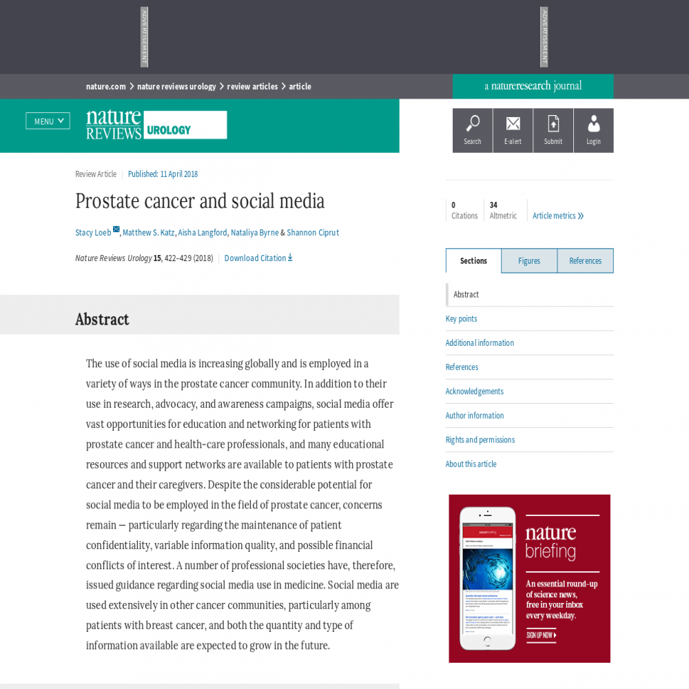 A healthcare social media research article published in Nature Reviews Urology, April 10, 2018