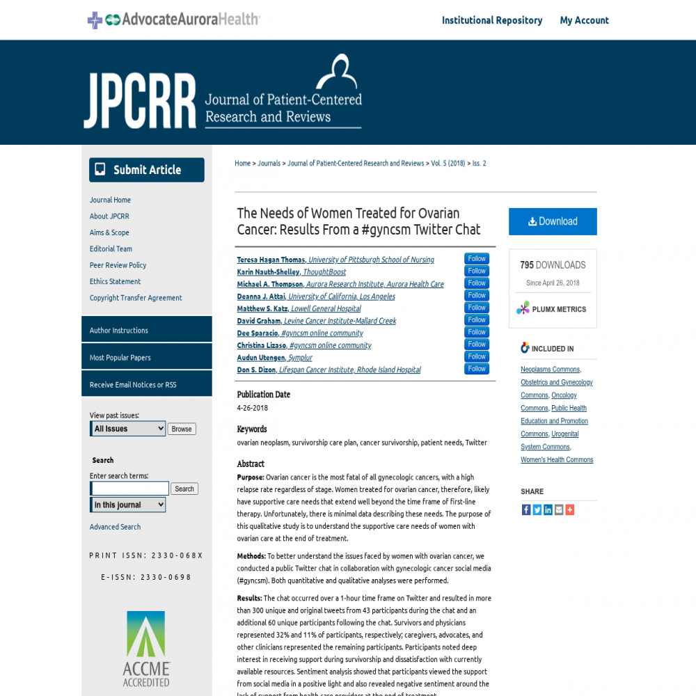 A healthcare social media research article published in Journal of Patient-Centered Research and Reviews, April 25, 2018