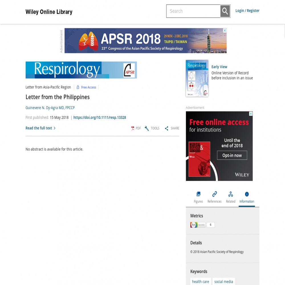 A healthcare social media research article published in Respirology, May 14, 2018