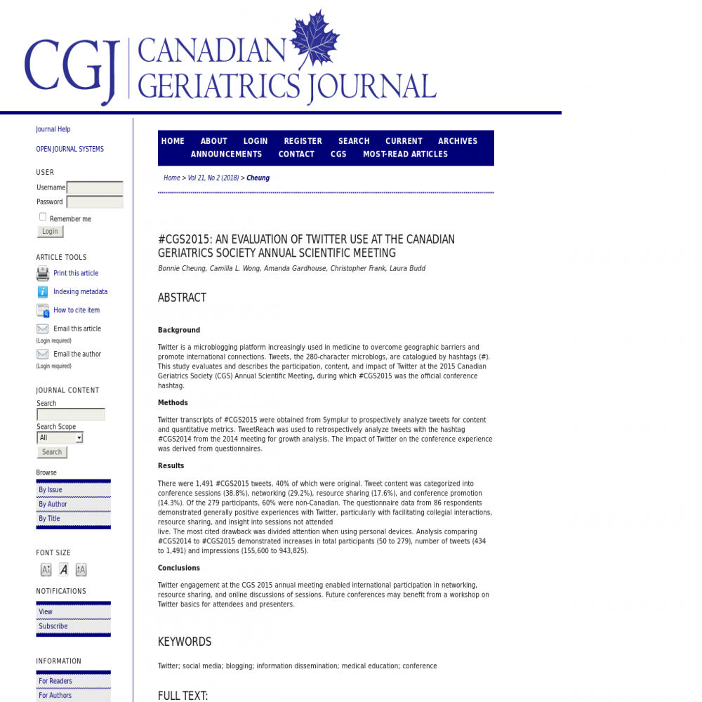 A healthcare social media research article published in Canadian Journal of Geriatrics, July 8, 2018