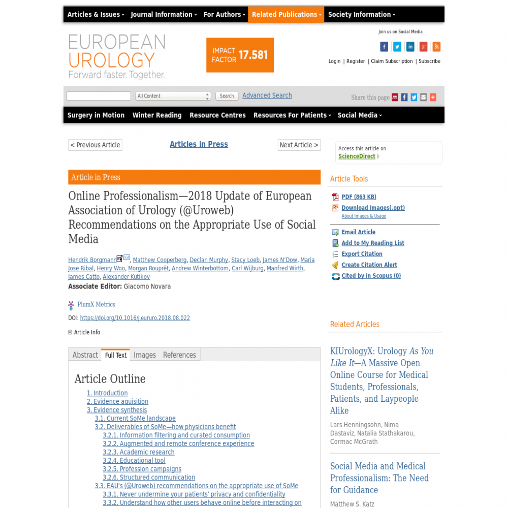 A healthcare social media research article published in European Urology, October 31, 2018