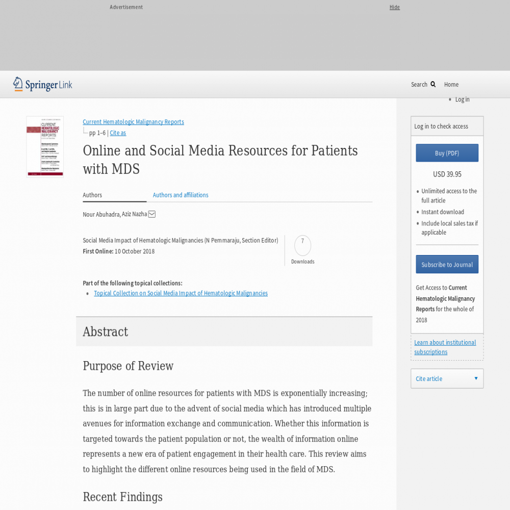 A healthcare social media research article published in Current Hematologic Malignancy Reports, October 9, 2018