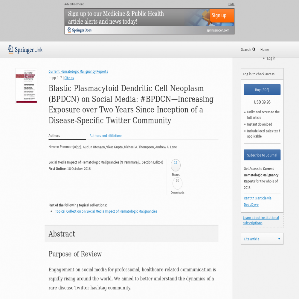 A healthcare social media research article published in Current Hematologic Malignancy Reports, October 17, 2018