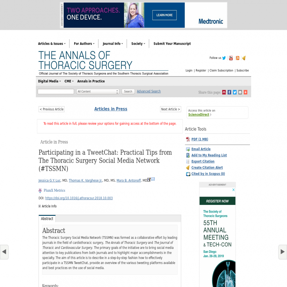 A healthcare social media research article published in The Annals of Thoracic Surgery, November 4, 2018