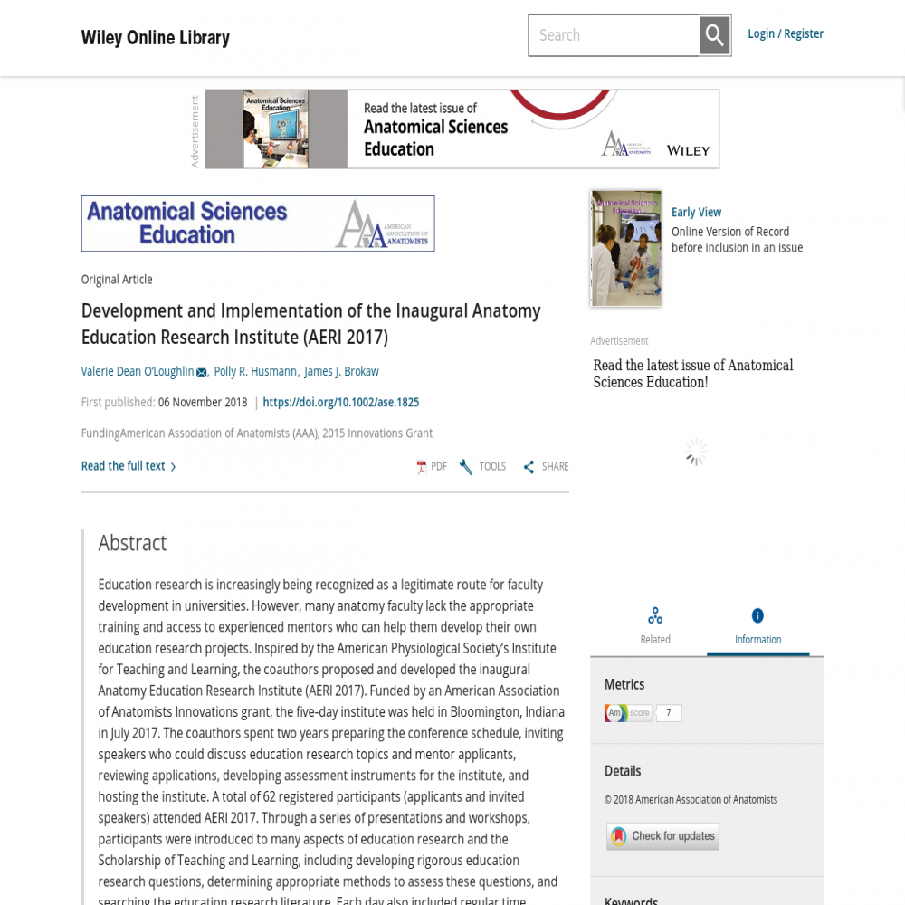 A healthcare social media research article published in Anatomical Sciences Education, November 5, 2018