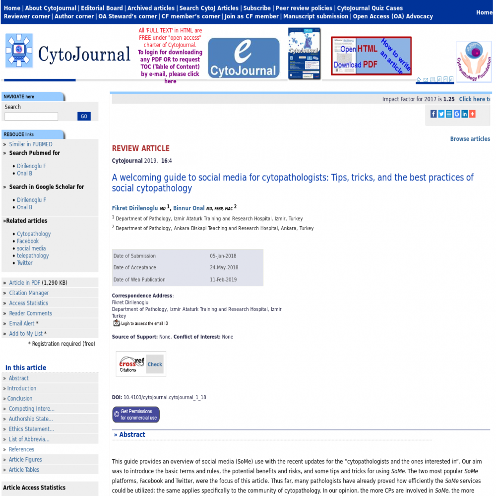 A healthcare social media research article published in CytoJournal, February 10, 2019