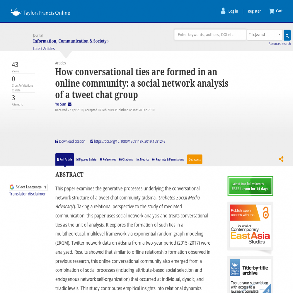 A healthcare social media research article published in Communication & Society, February 19, 2019