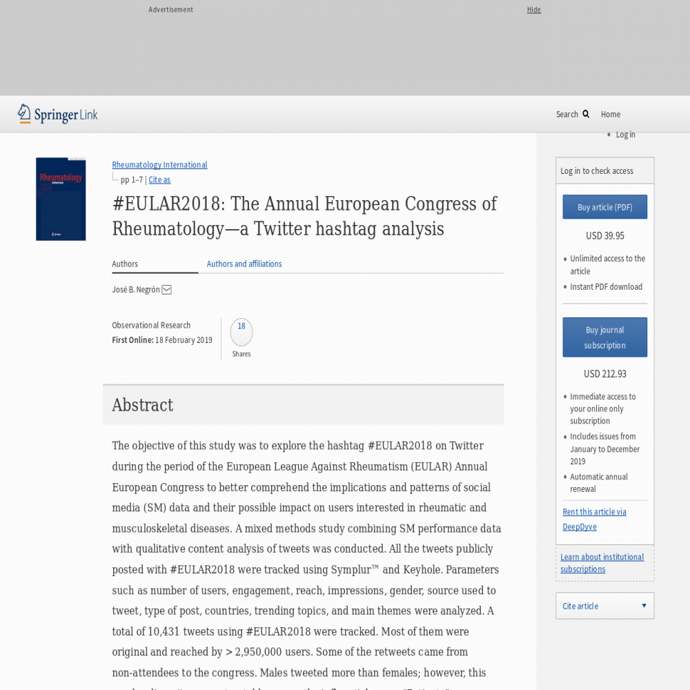 A healthcare social media research article published in Rheumatology International, February 17, 2019