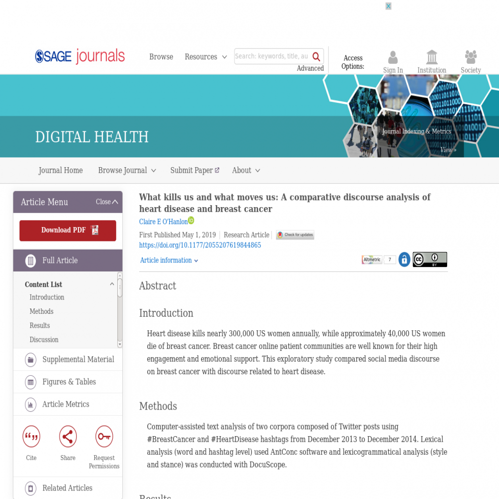 A healthcare social media research article published in Digital Health, April 30, 2019