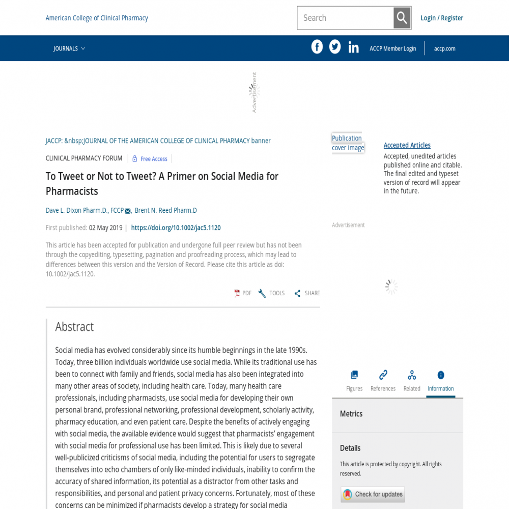 A healthcare social media research article published in JACCP: JOURNAL OF THE AMERICAN COLLEGE OF CLINICAL PHARMACY, June 16, 2019