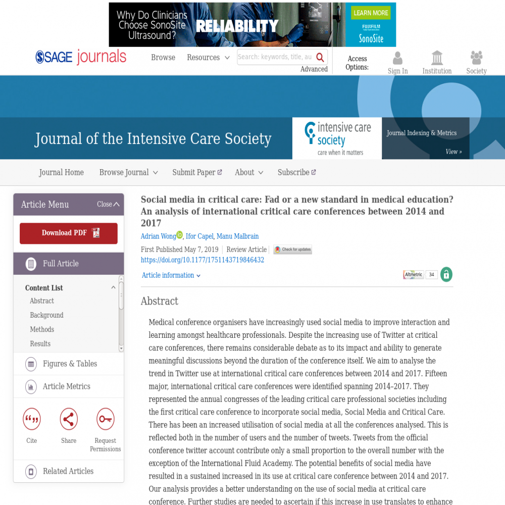 A healthcare social media research article published in Journal of the Intensive Care Society, May 6, 2019