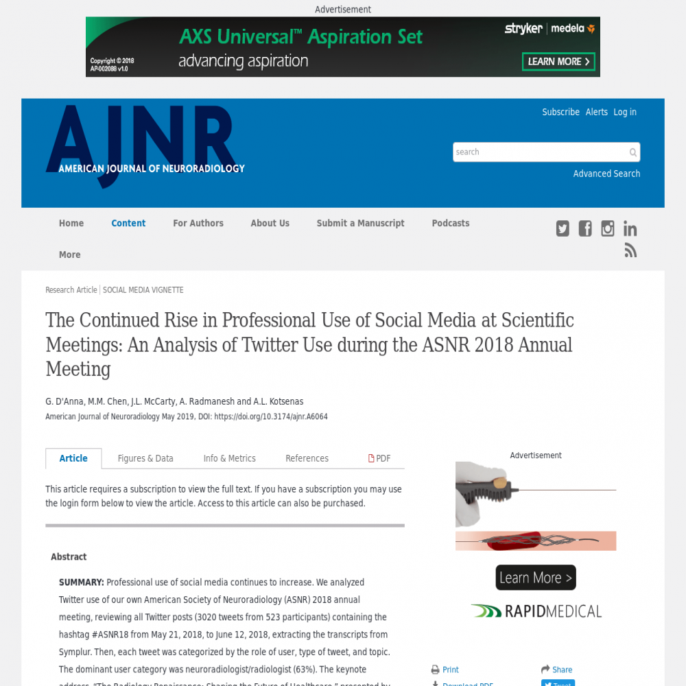 A healthcare social media research article published in American Journal of Neuroradiology, May 8, 2019