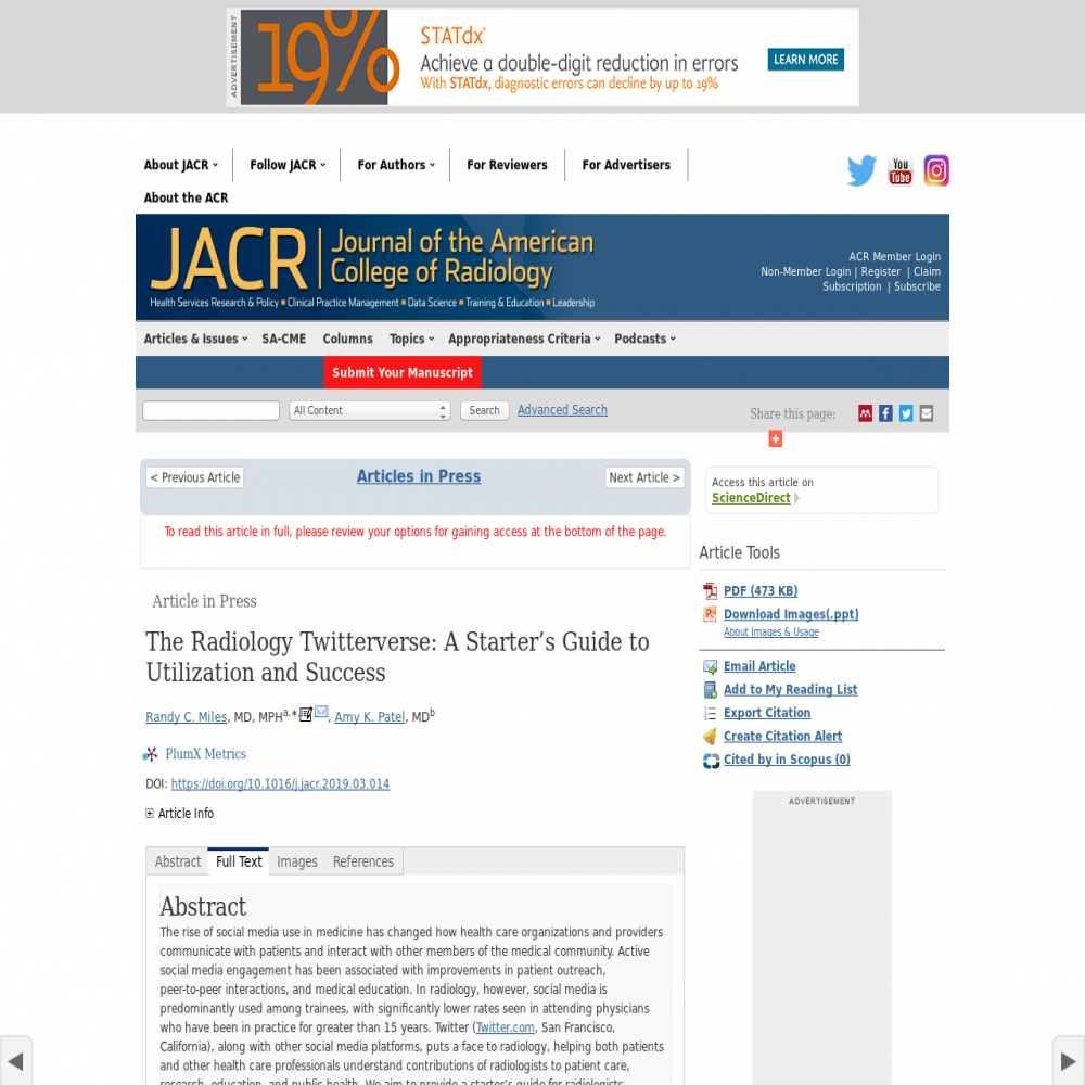 A healthcare social media research article published in Journal of the American College of Radiology, August 31, 2019