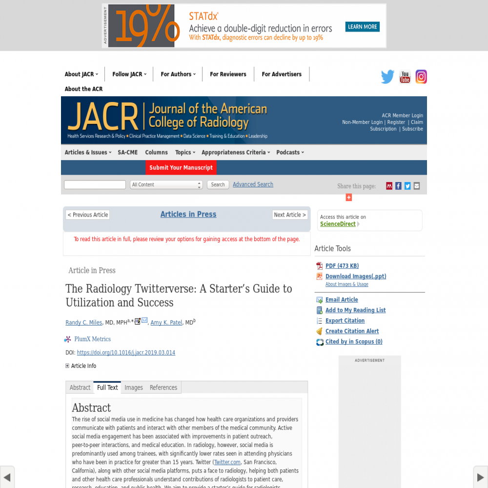 A healthcare social media research article published in Journal of the American College of Radiology, May 15, 2019