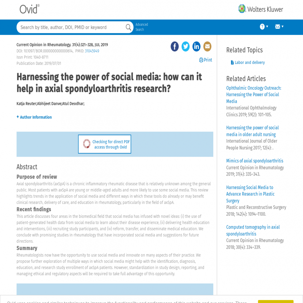 A healthcare social media research article published in Current opinion in rheumatology, June 30, 2019