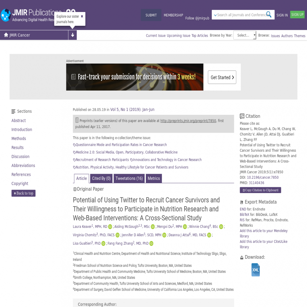 A healthcare social media research article published in JMIR Cancer, May 28, 2019