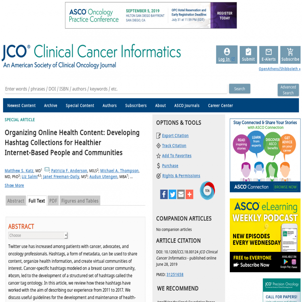 A healthcare social media research article published in JCO Clinical Cancer Informatics, November 30, 2019