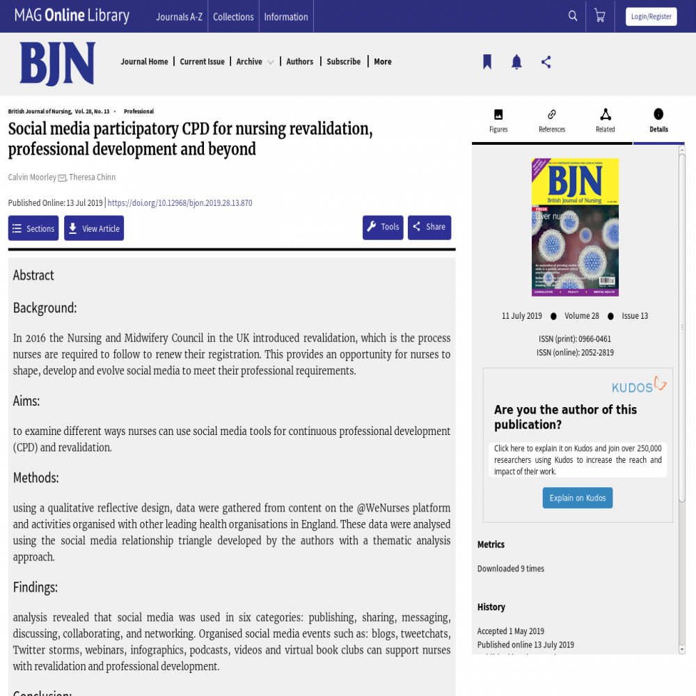 A healthcare social media research article published in British Journal of Nursing (BJN), July 10, 2019