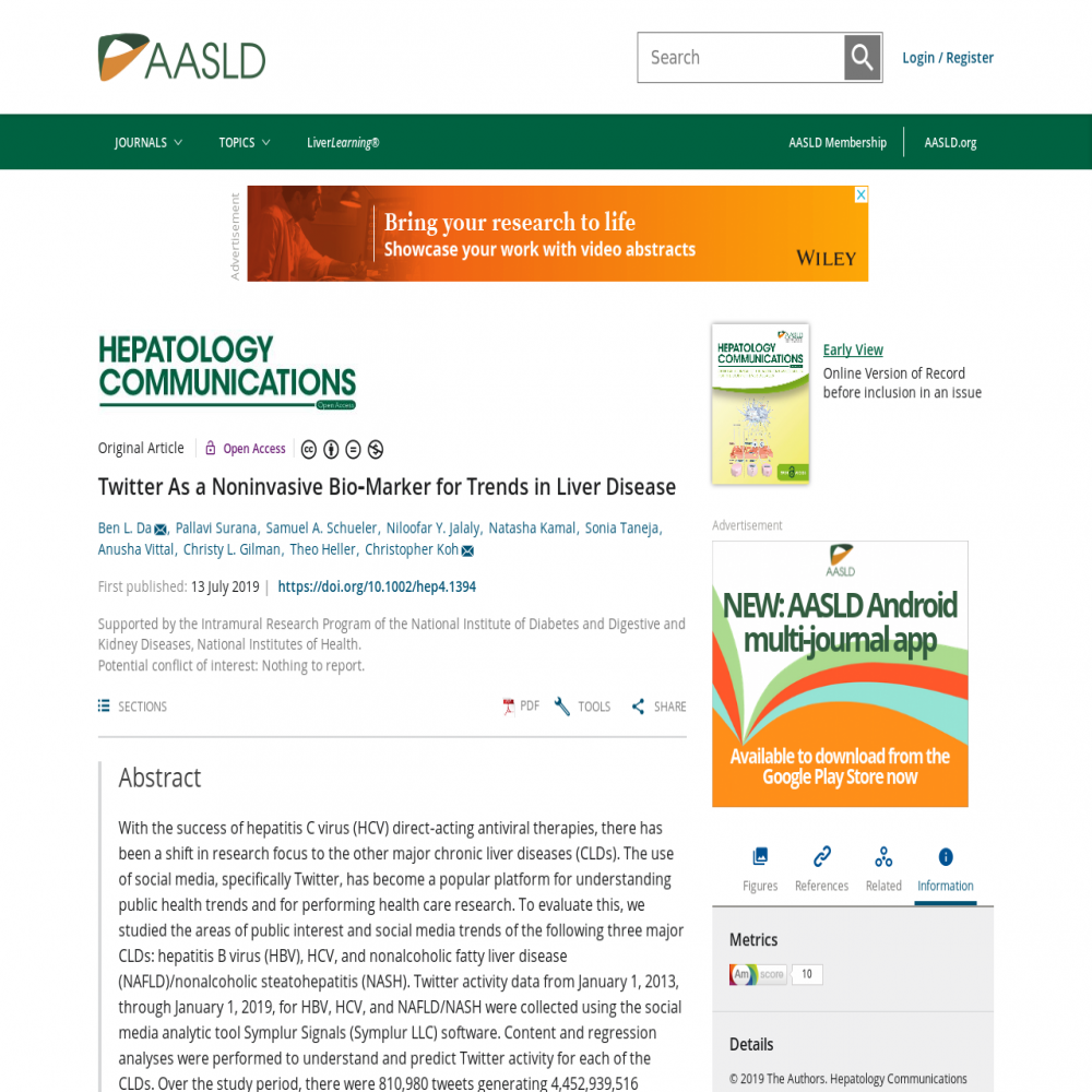 A healthcare social media research article published in HEPATOLOGY COMMUNICATIONS, August 31, 2019