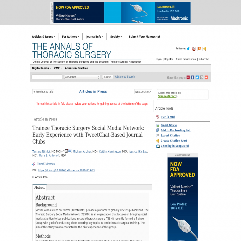 A healthcare social media research article published in The Annals of Thoracic Surgery, December 31, 2019