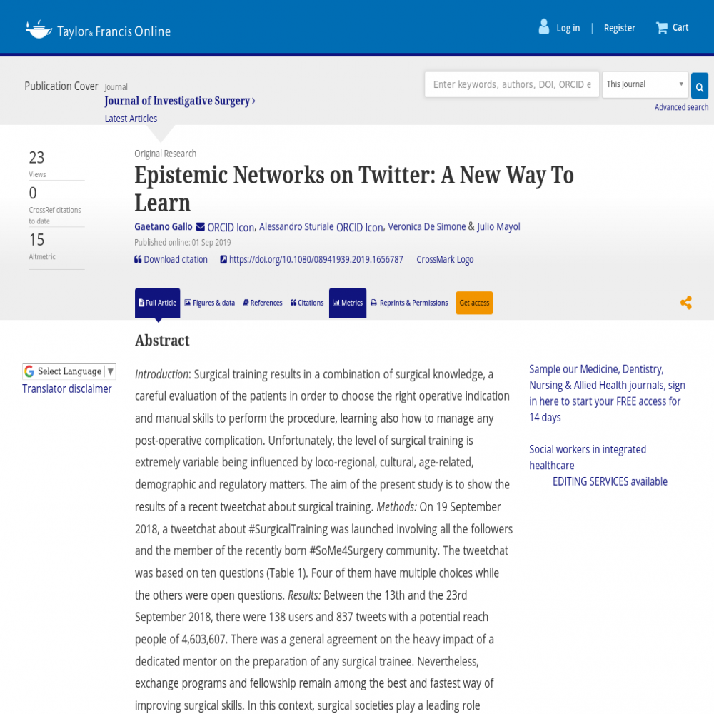 A healthcare social media research article published in Journal of Investigative Surgery, August 31, 2019