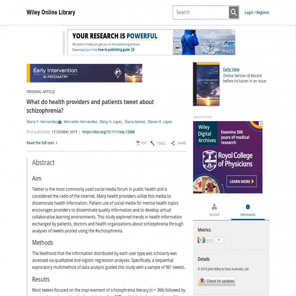 A healthcare social media research article published in Early Intervention in Psychiatry, October 14, 2019
