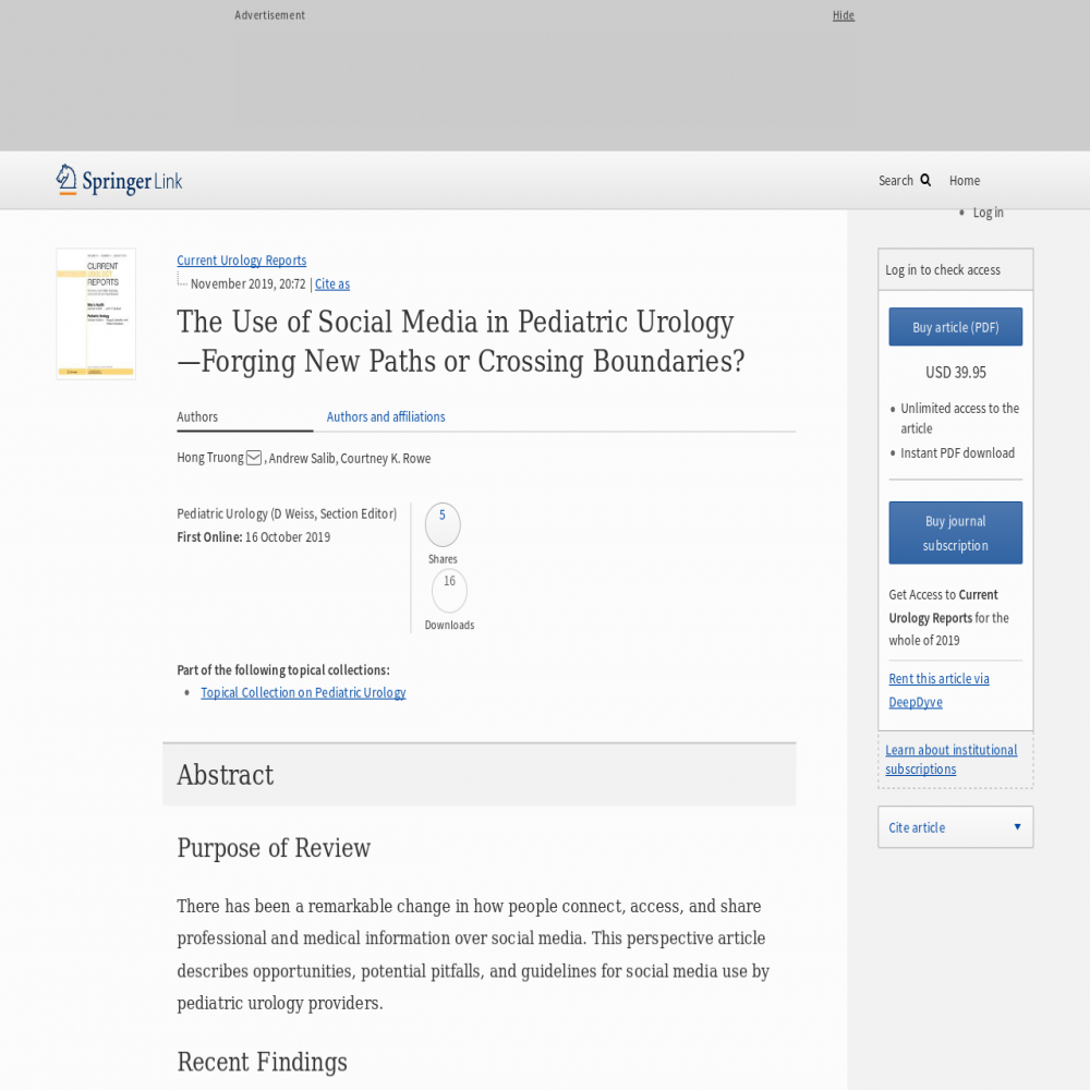 A healthcare social media research article published in Current Urology Reports, October 16, 2019