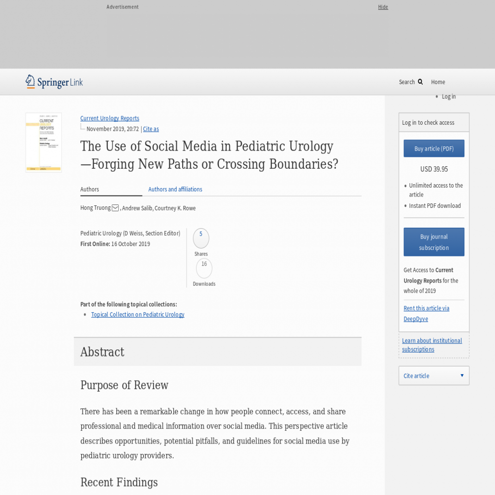 A healthcare social media research article published in Current Urology Reports, October 15, 2019