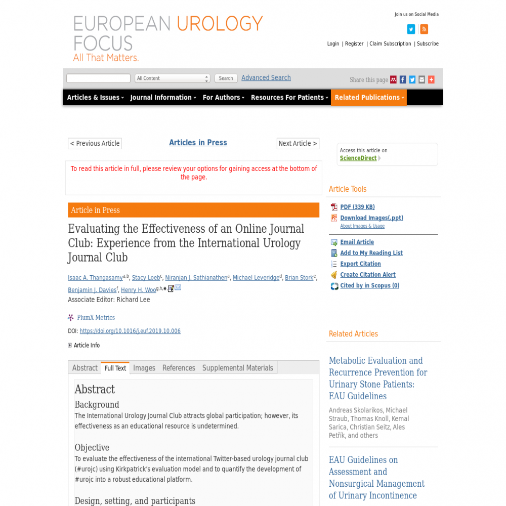 A healthcare social media research article published in European Urology Focus, October 31, 2019