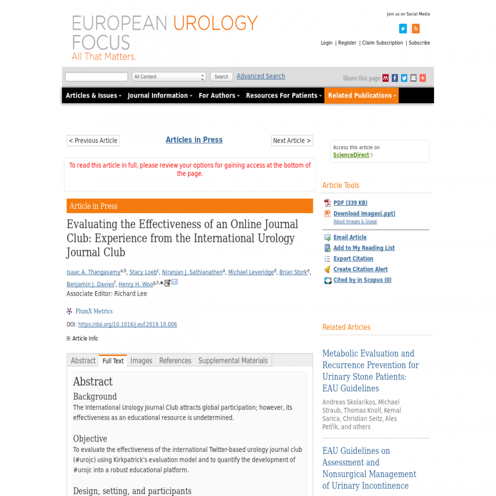 A healthcare social media research article published in European Urology Focus, November 1, 2019
