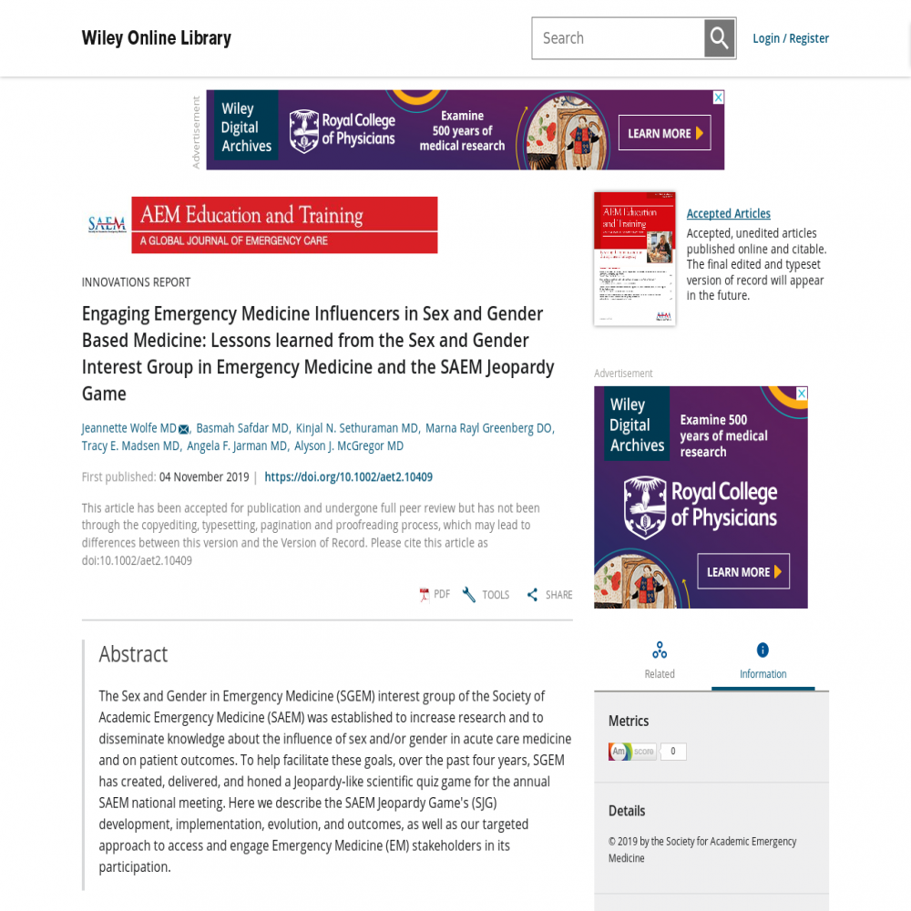 A healthcare social media research article published in AEM Education and Training: A Global Journal of Emergency Care, November 30, 2019