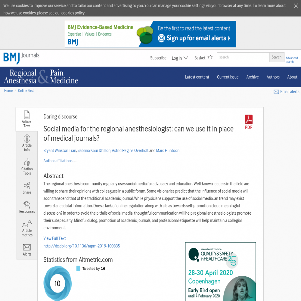 A healthcare social media research article published in Regional Anesthesia & Pain Medicine, November 10, 2019