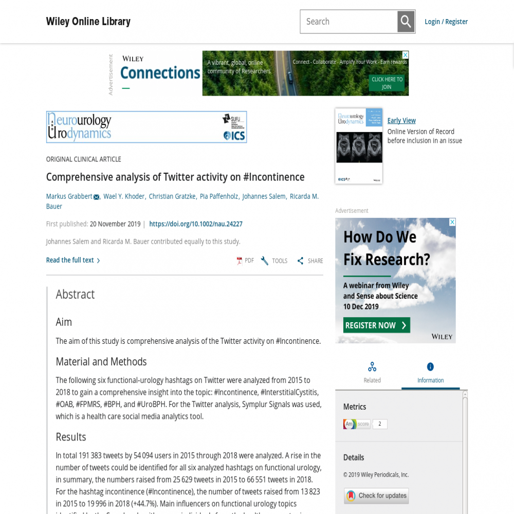 A healthcare social media research article published in Neurourology and Urodynamics, November 19, 2019